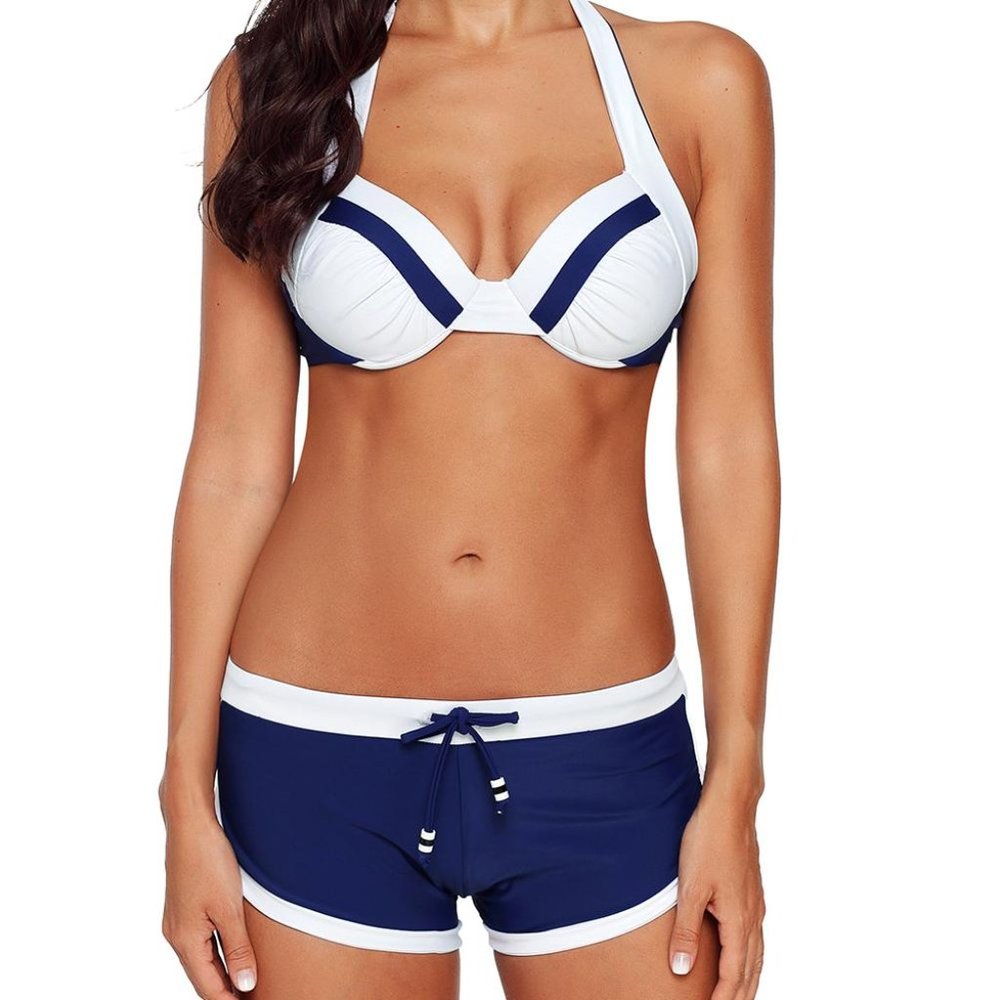 Concise White Navy Halter Bikini & Short Swimsuit